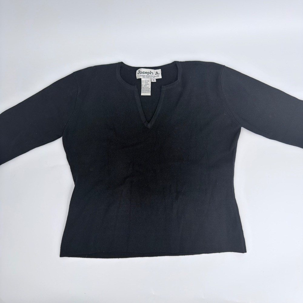 Joseph A Sweater Silk Blend Ribbed Notch Neck Y2K Women Size Medium Black Top